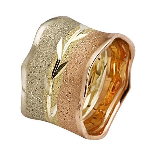 Tri-Color Gold Wide Leaf Wedding Ring