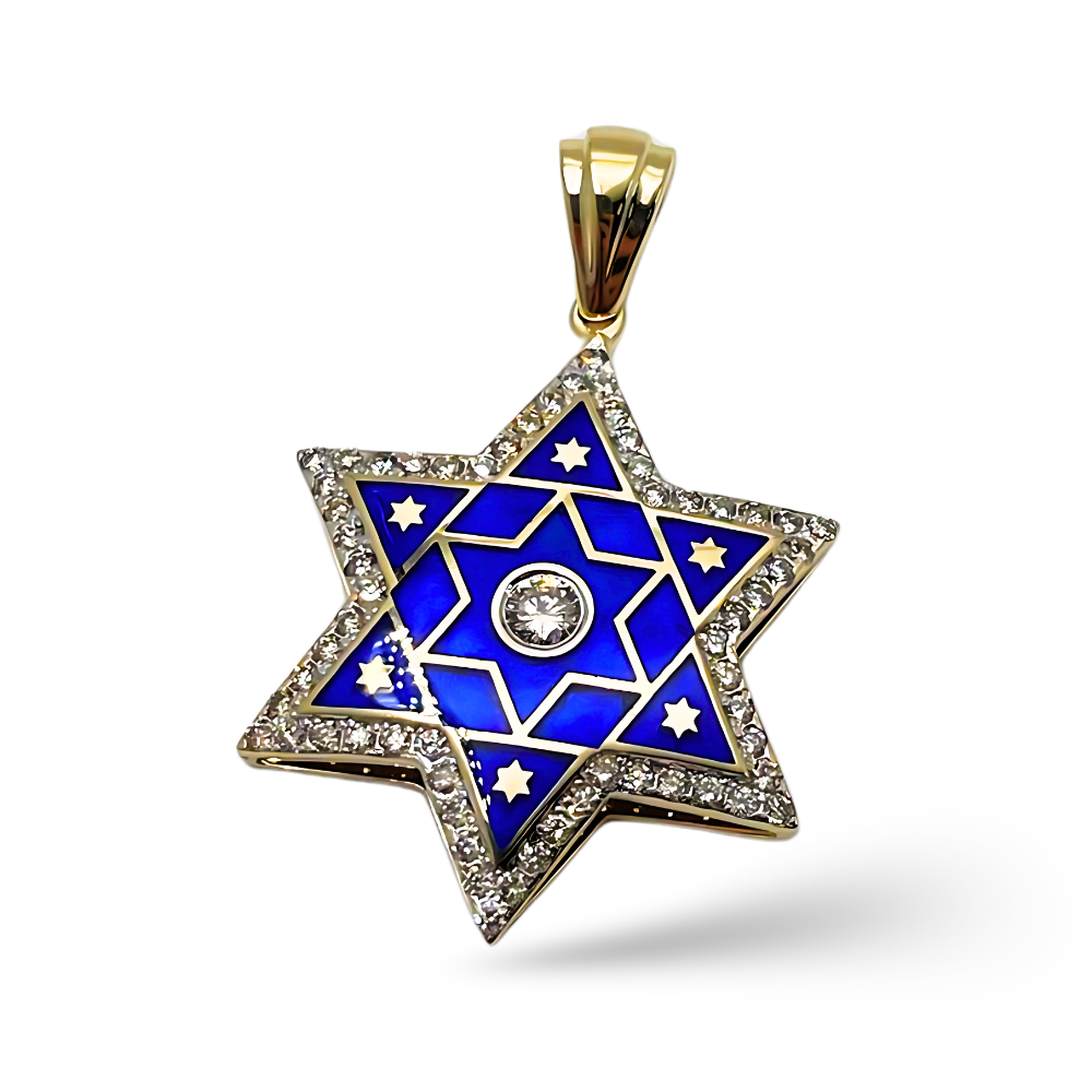 Diamond Star of David Pendant in 14K Gold with Blue Enamel - 1.2" Size