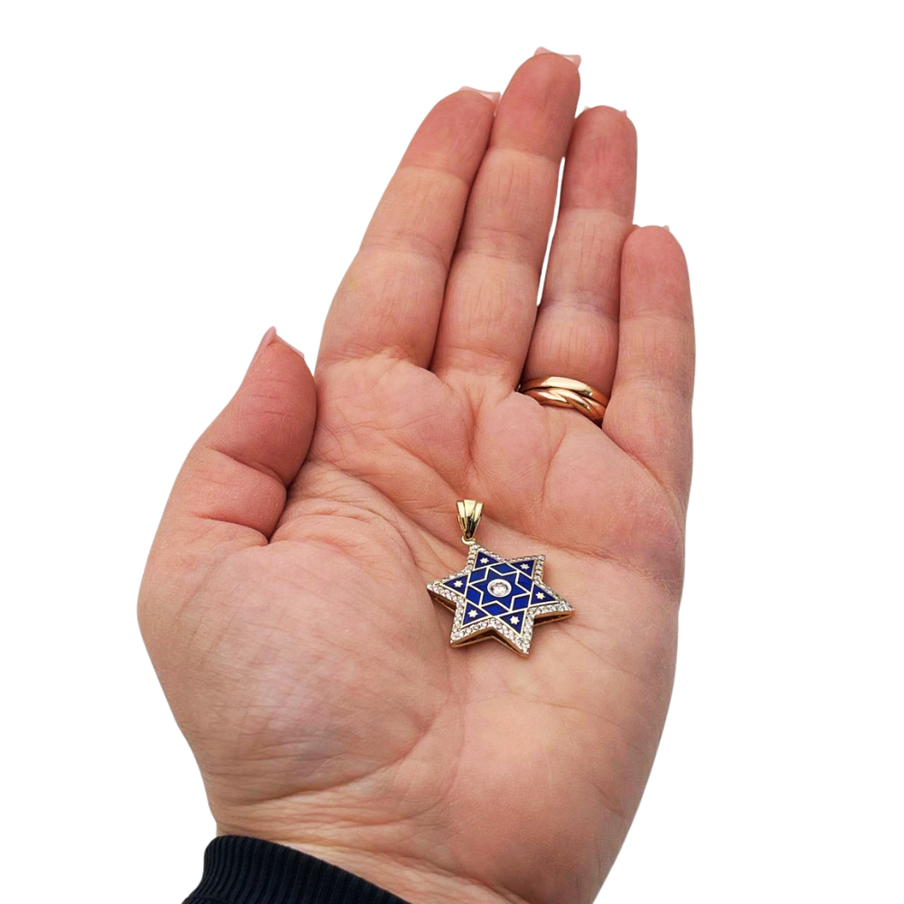 Diamond Star of David Pendant in 14K Gold with Blue Enamel - 1.2" Size