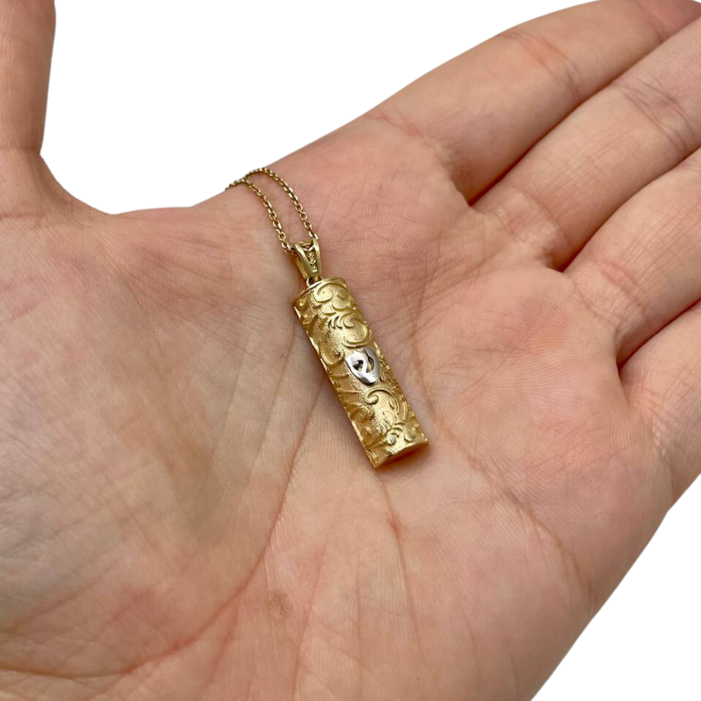 Vintage Style Mezuzah with Shin Pendant for Protection - 14K Gold