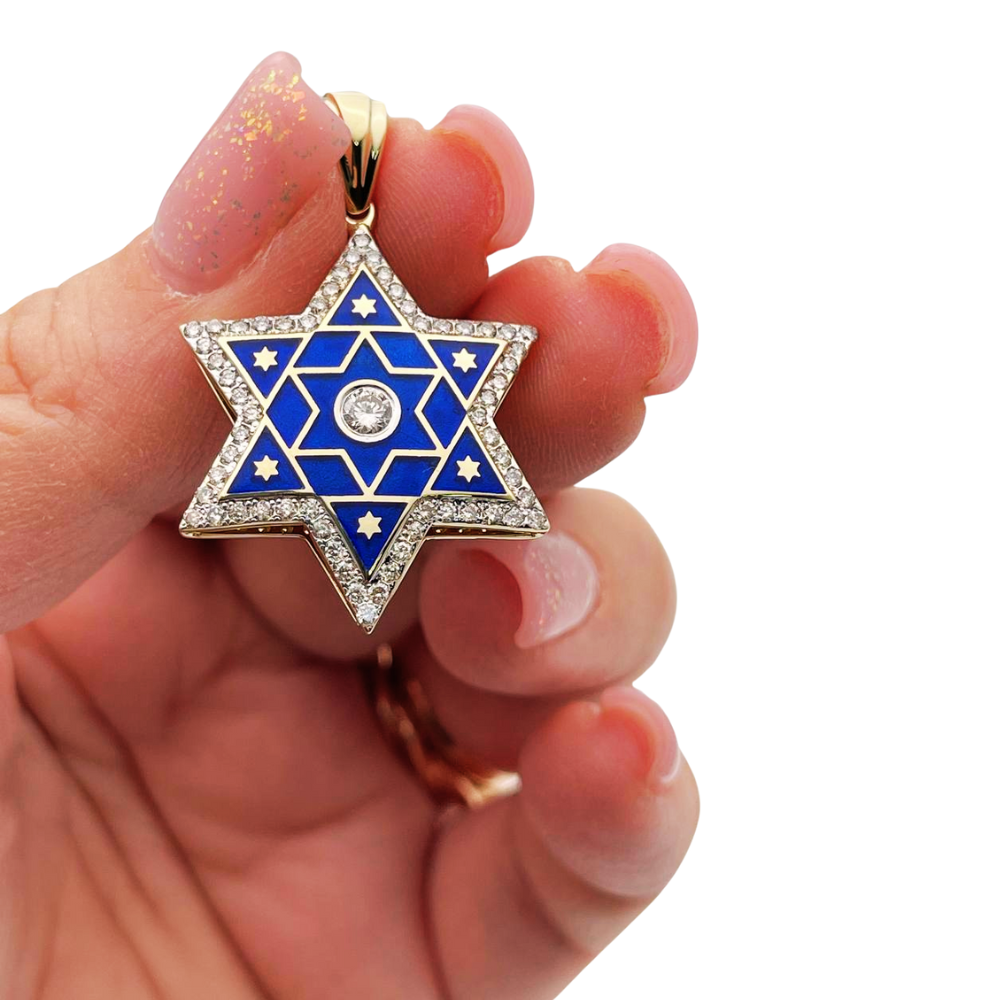 Diamond Star of David Pendant in 14K Gold with Blue Enamel - 1.2" Size