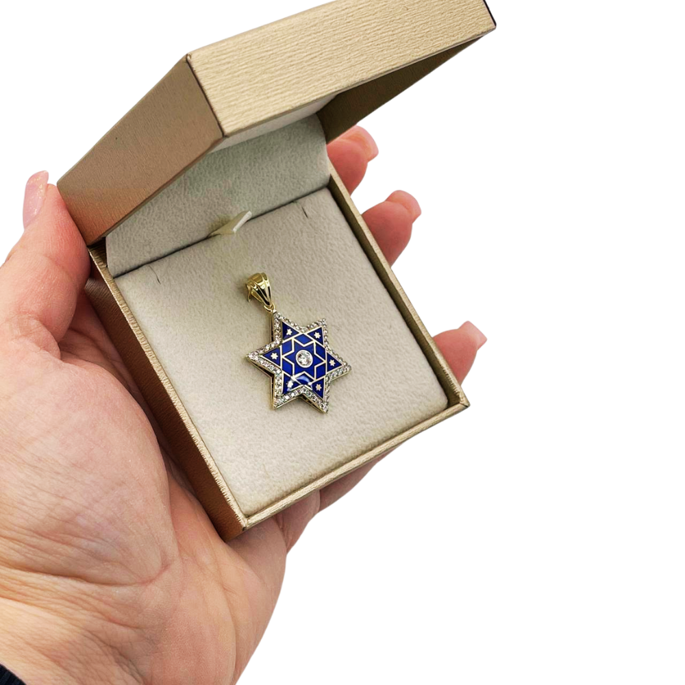 Diamond Star of David Pendant in 14K Gold with Blue Enamel - 1.2" Size
