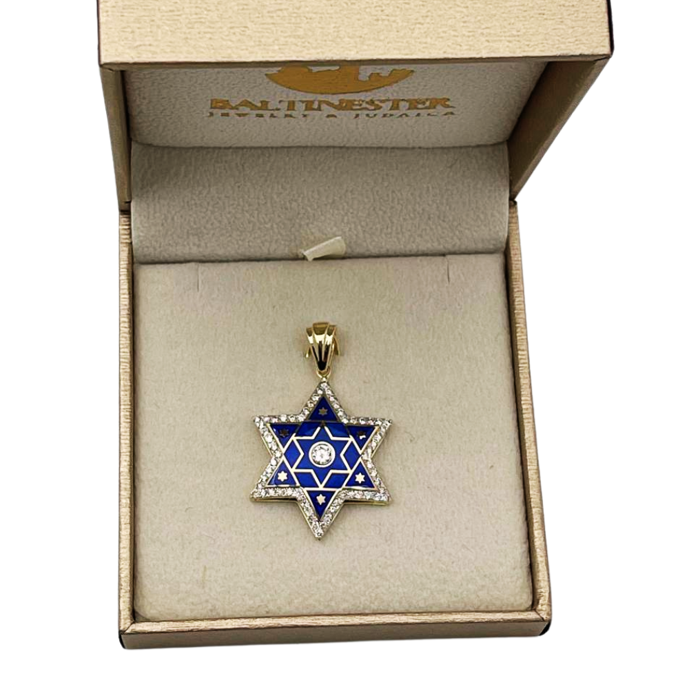 Diamond Star of David Pendant in 14K Gold with Blue Enamel - 1.2" Size