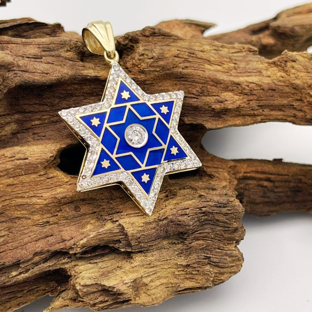 Diamond Star of David Pendant in 14K Gold with Blue Enamel - 1.2" Size