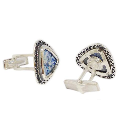 Triangular Filigree Roman Glass Silver Cufflinks