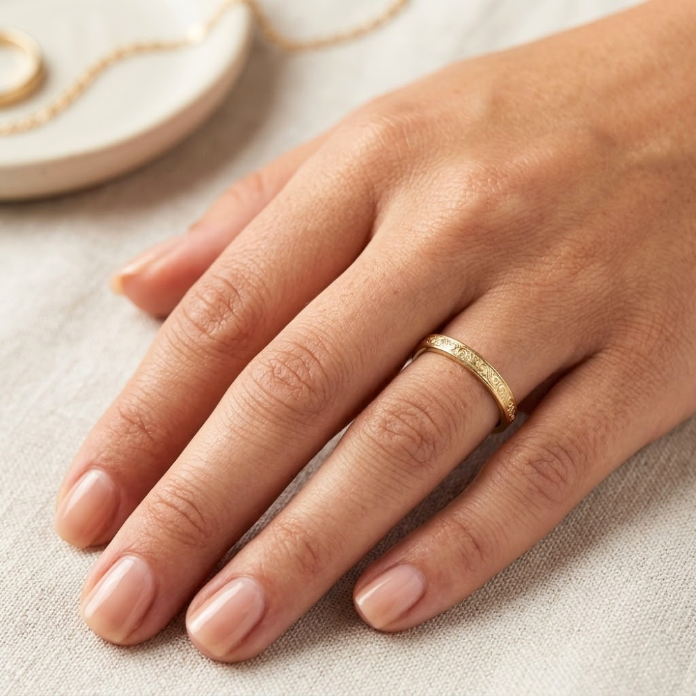 14K Gold Ornate Wedding Band Laser Engraved