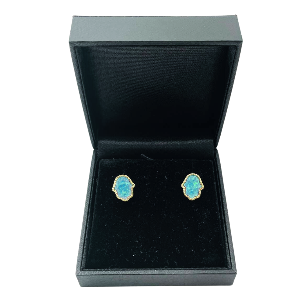 Hamsa Stud Earrings with Blue Opalite in 14K Gold
