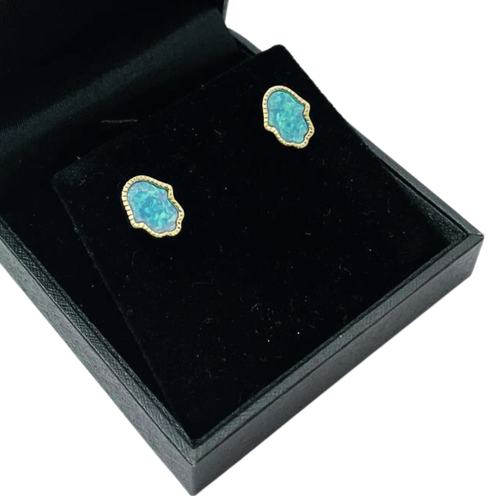 Hamsa Stud Earrings with Blue Opalite in 14K Gold
