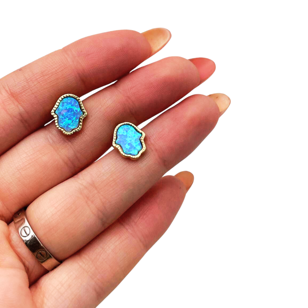 Hamsa Stud Earrings with Blue Opalite in 14K Gold