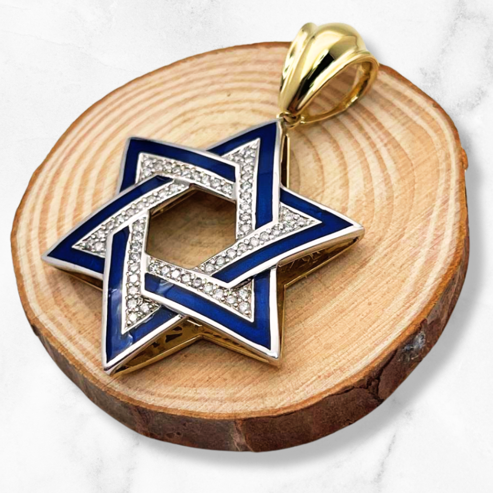 Diamond Star of David Geometric Pendant in 14K Gold with Blue Enamel - 1.38" Size