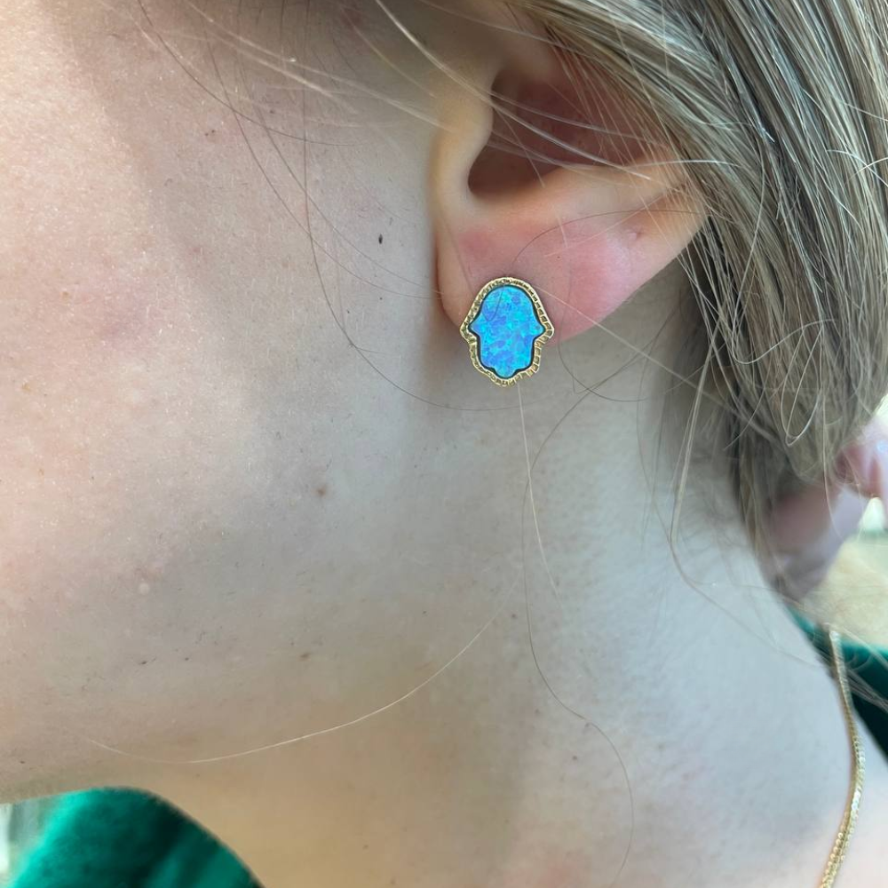 Hamsa Stud Earrings with Blue Opalite in 14K Gold