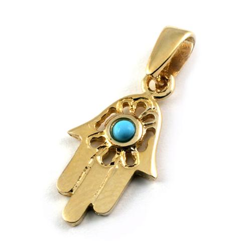 14k Gold Hamsa Pendant with Turquoise Stone