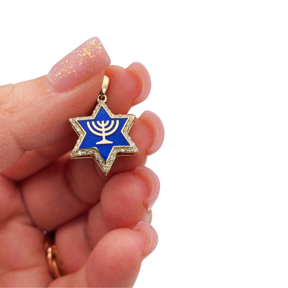 Diamond Star of David Menorah Pendant in 14K Gold and Blue Enamel