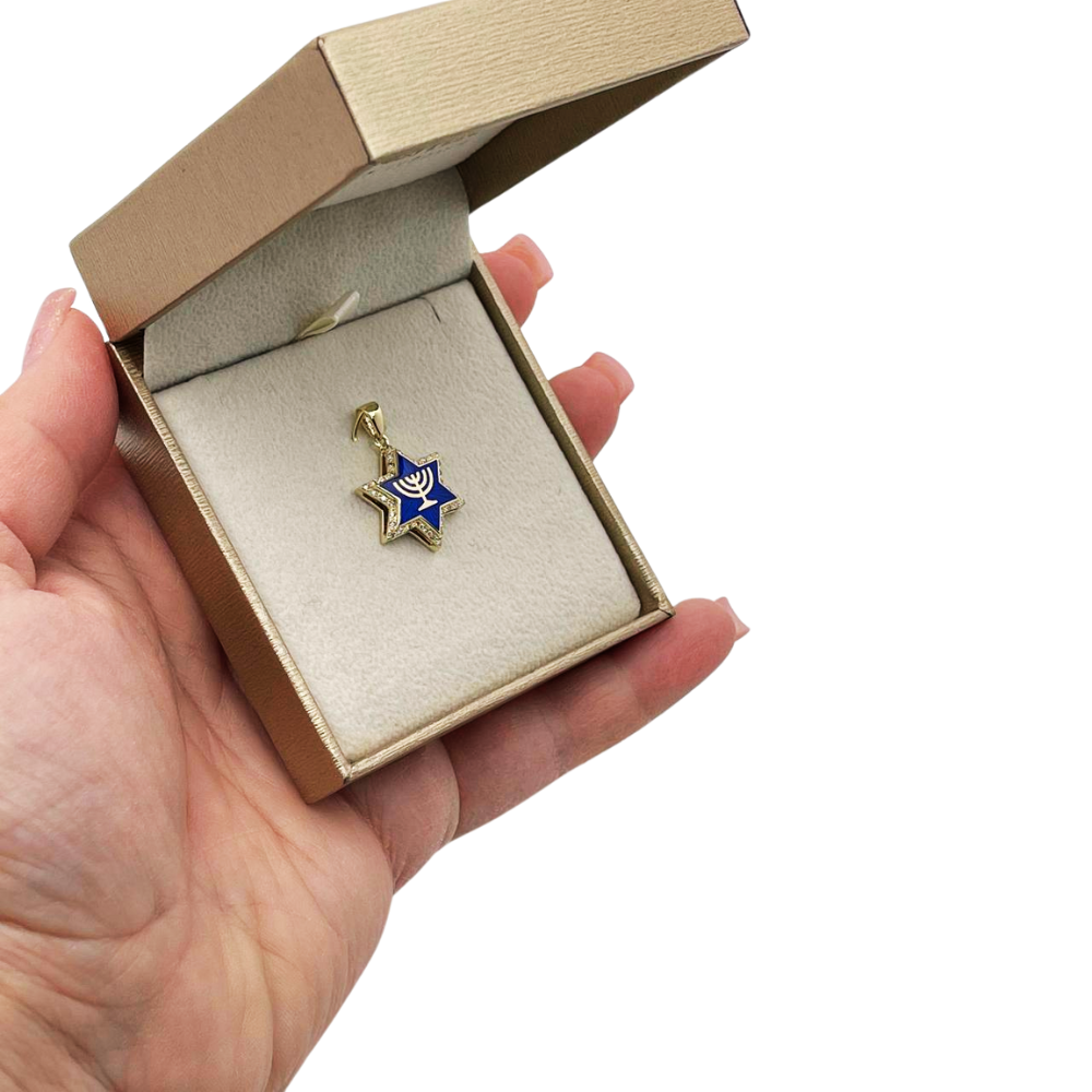Diamond Star of David Menorah Pendant in 14K Gold and Blue Enamel