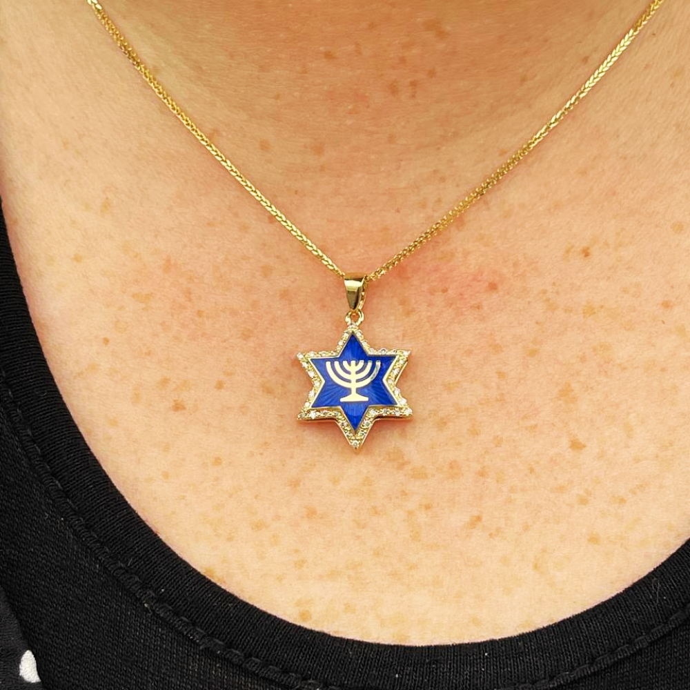 Diamond Star of David Menorah Pendant in 14K Gold and Blue Enamel