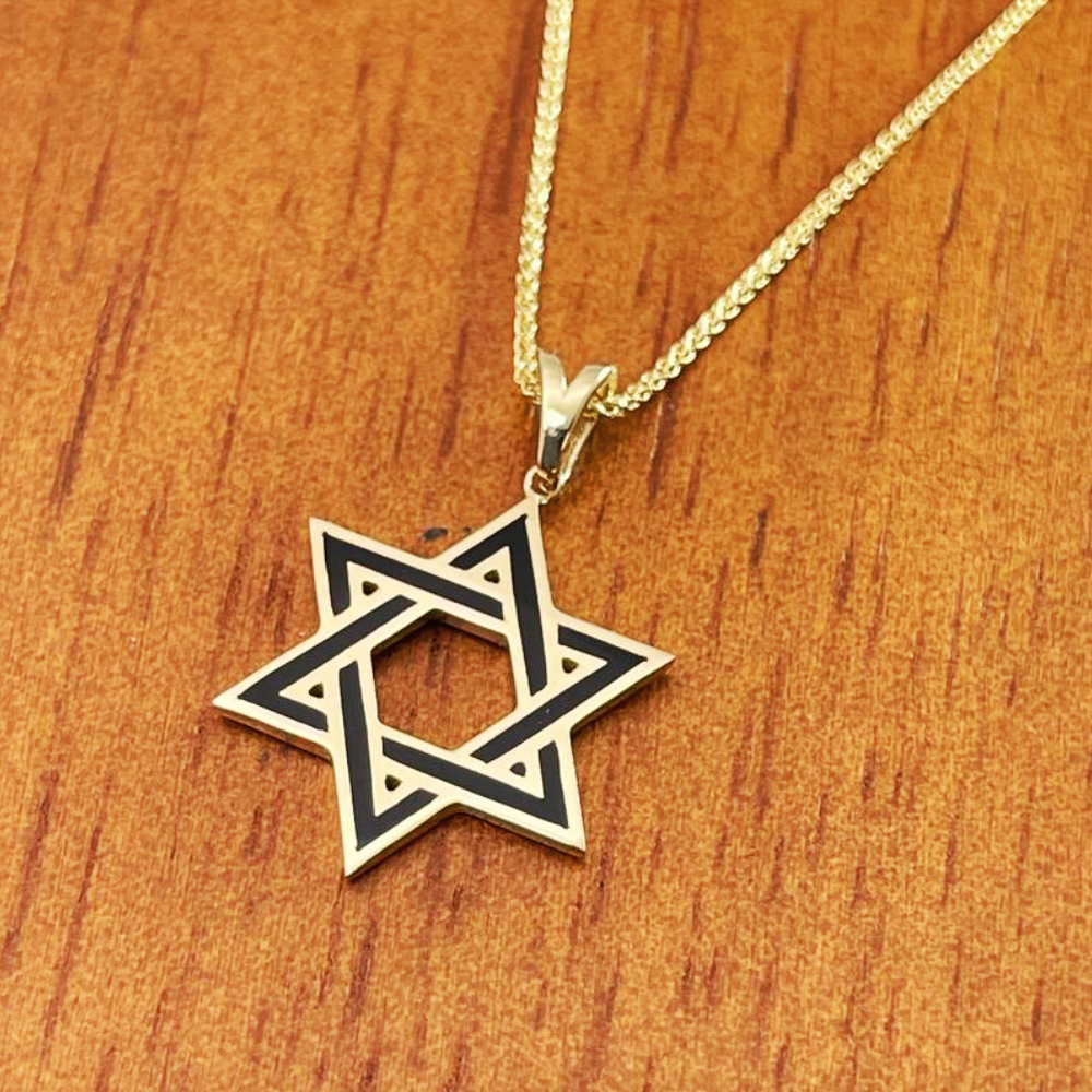 Star of David Pendant in 14K Yellow Gold with Black Enamel