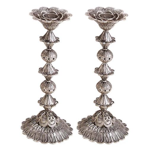 Sterling Silver Tall Flower Filigree Candlesticks