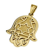 14k Gold Florentine Fish Chai Protection Hamsa Pendant