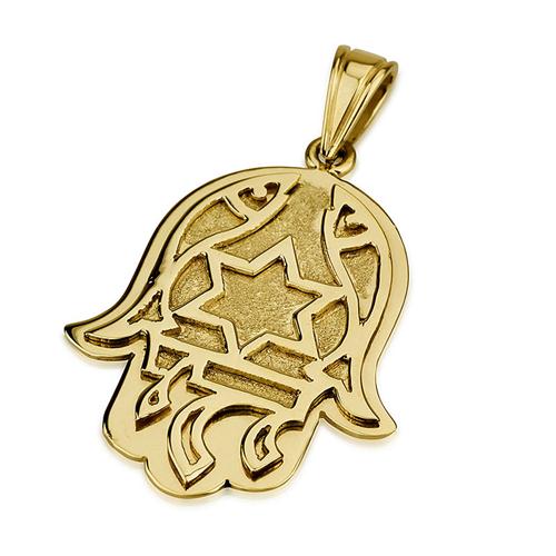 14k Gold Florentine Fish Chai Protection Hamsa Pendant
