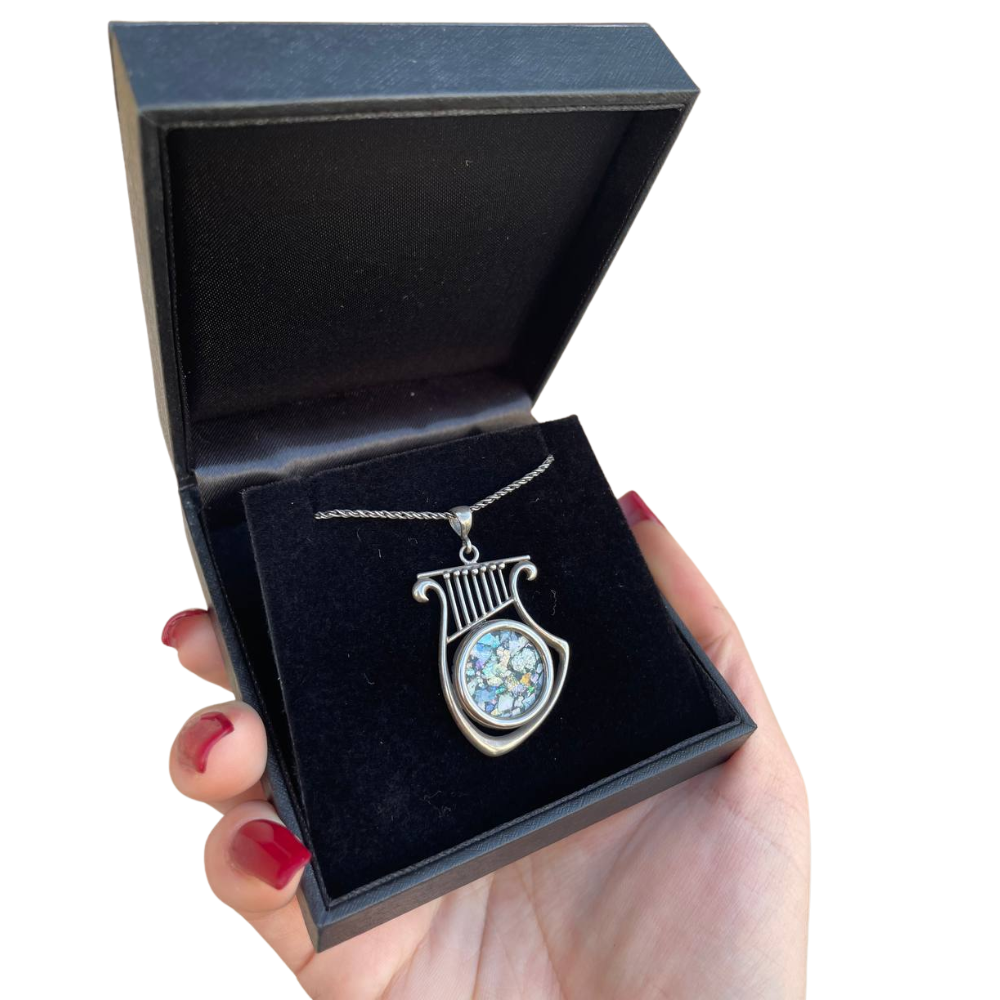 Silver Roman Glass Harp of David Necklace