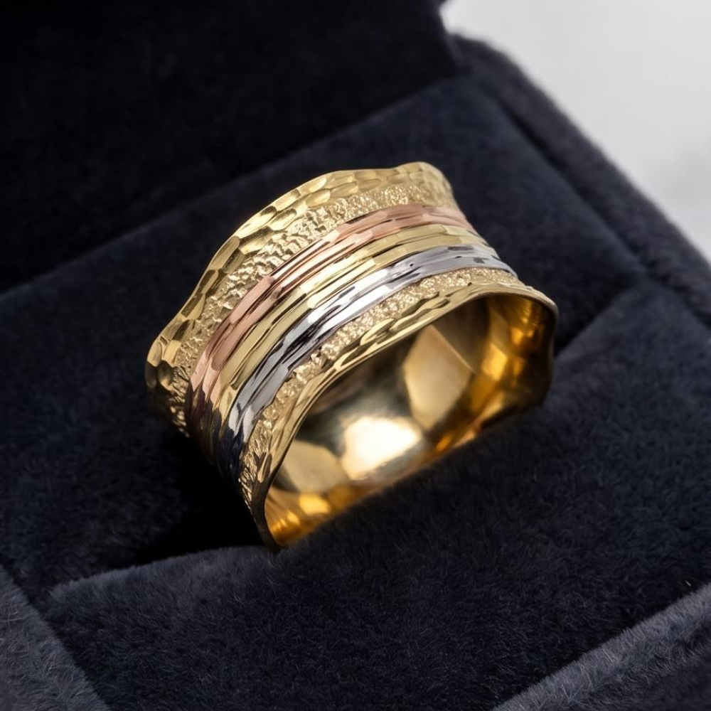 14k Gold Tricolor Textured Wide Wedding Ring
