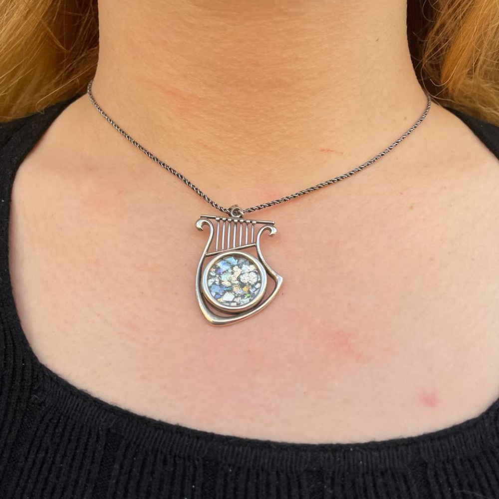 Silver Roman Glass Harp of David Necklace