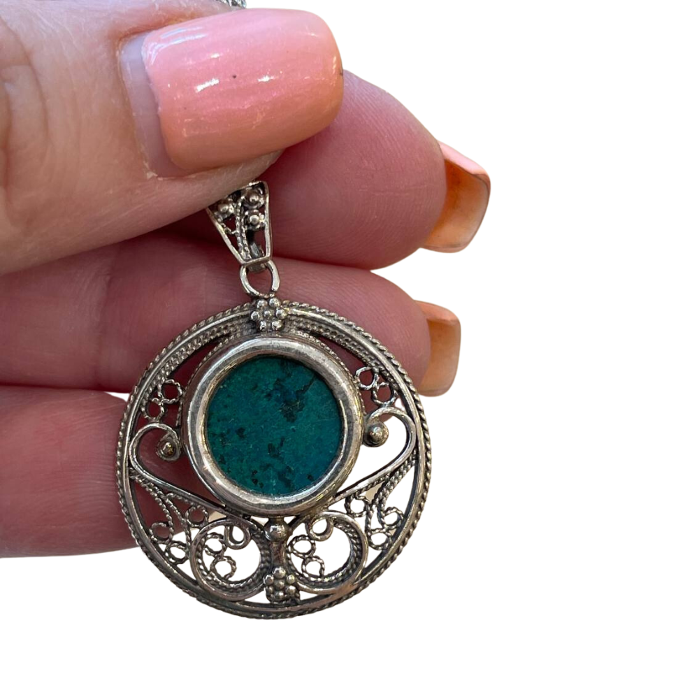 Eilat stone jewellery - Round Yemenite Style Eilat Stone Silver Necklace