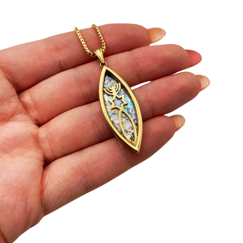 Messianic Seal of Jerusalem - 14k Gold and Roman Glass Pendant