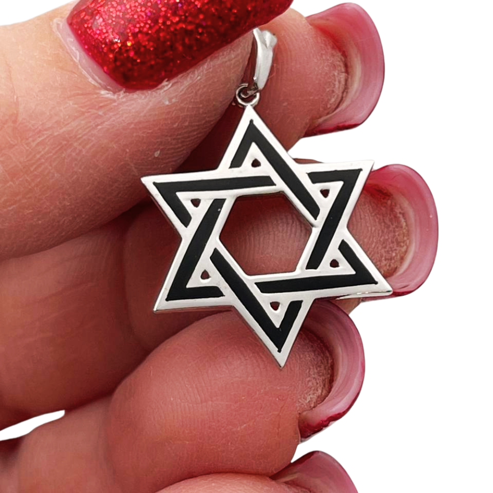 Star of David Pendant in 14K White Gold with Black Enamel