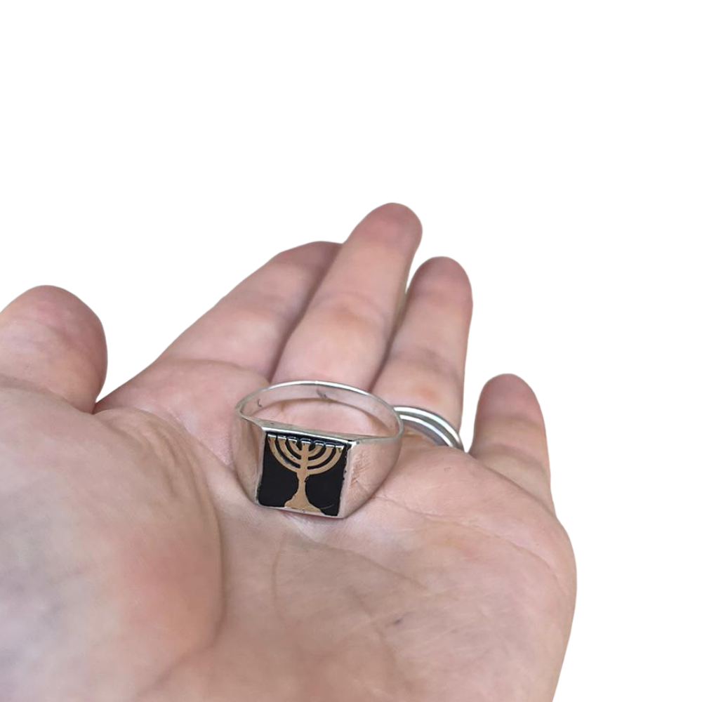 Menorah Onyx Silver Gold Inlay Signet Ring
