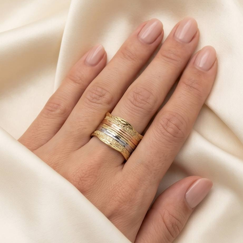 14k Gold Tricolor Textured Wide Wedding Ring