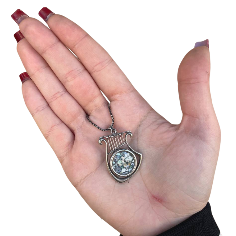 Silver Roman Glass Harp of David Necklace