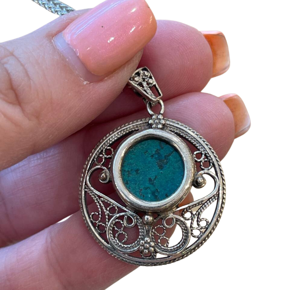 Eilat stone jewellery - Round Yemenite Style Eilat Stone Silver Necklace