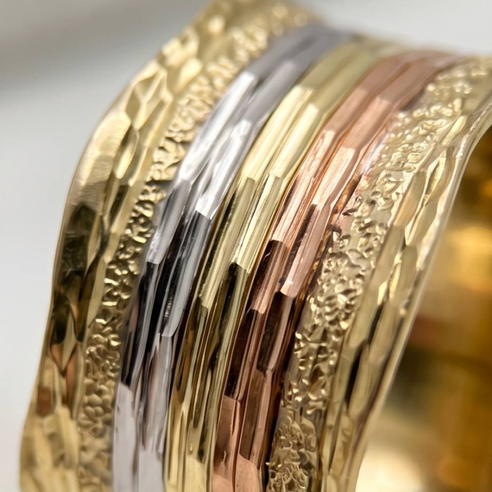 14k Gold Tricolor Textured Wide Wedding Ring