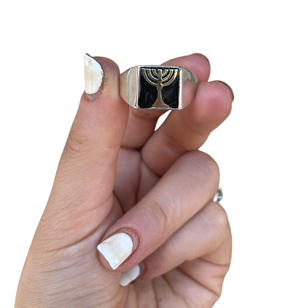 Menorah Onyx Silver Gold Inlay Signet Ring
