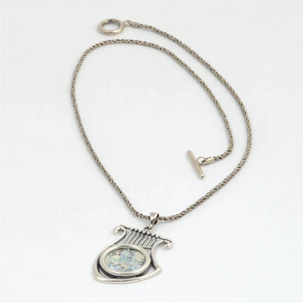 Silver Roman Glass Harp of David Necklace