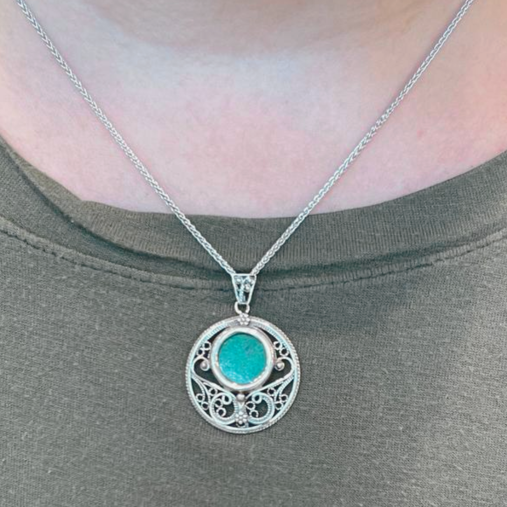 Eilat stone jewellery - Round Yemenite Style Eilat Stone Silver Necklace