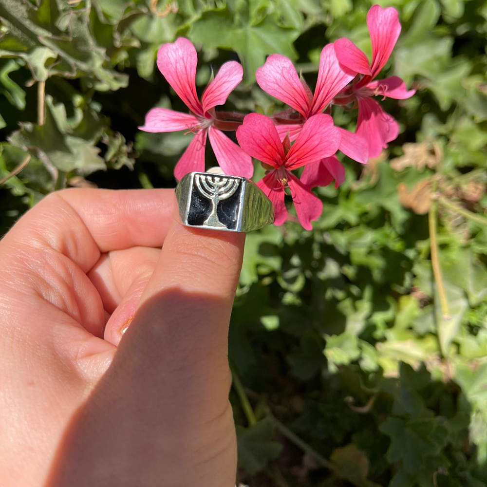 Menorah Onyx Silver Gold Inlay Signet Ring