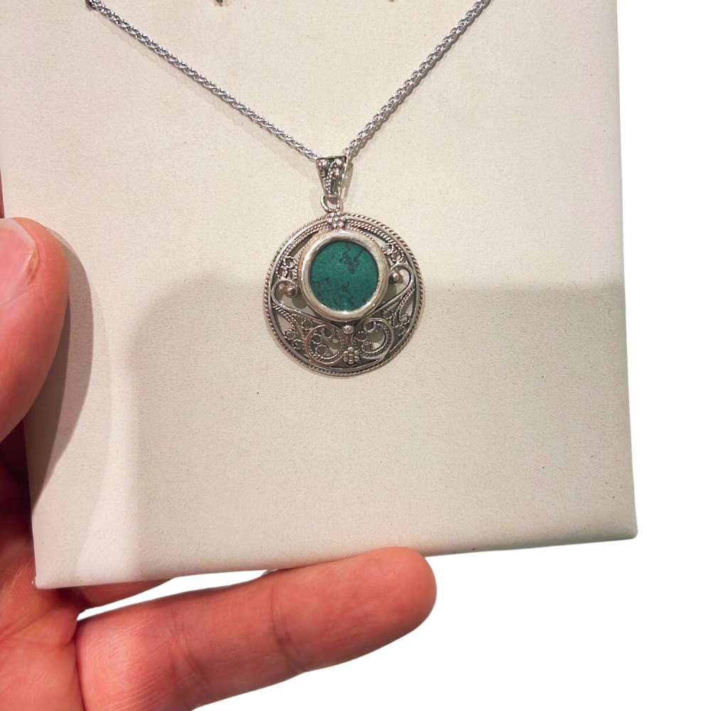 Eilat stone jewellery - Round Yemenite Style Eilat Stone Silver Necklace