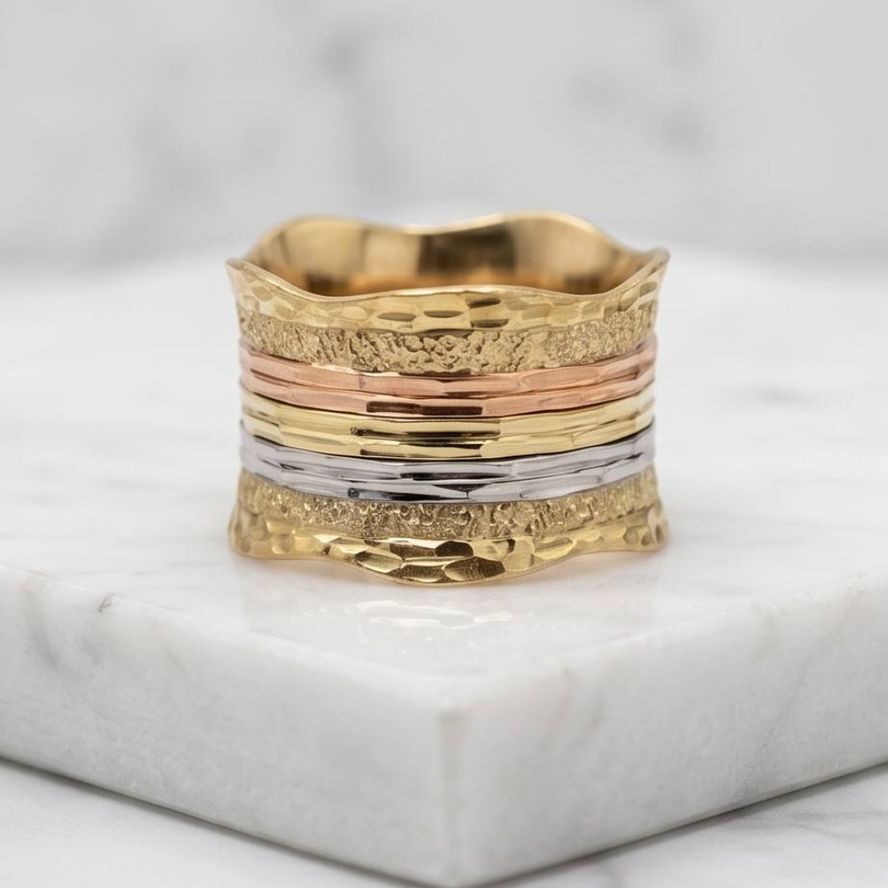 14k Gold Tricolor Textured Wide Wedding Ring