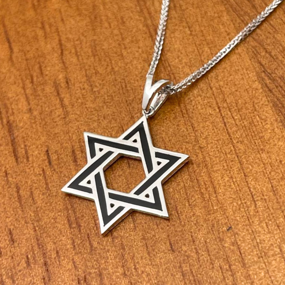 Star of David Pendant in 14K White Gold with Black Enamel