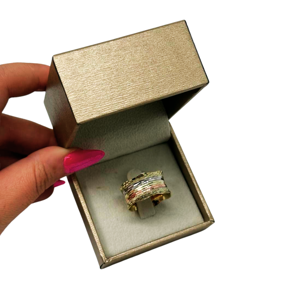 14k Gold Tricolor Textured Wide Wedding Ring