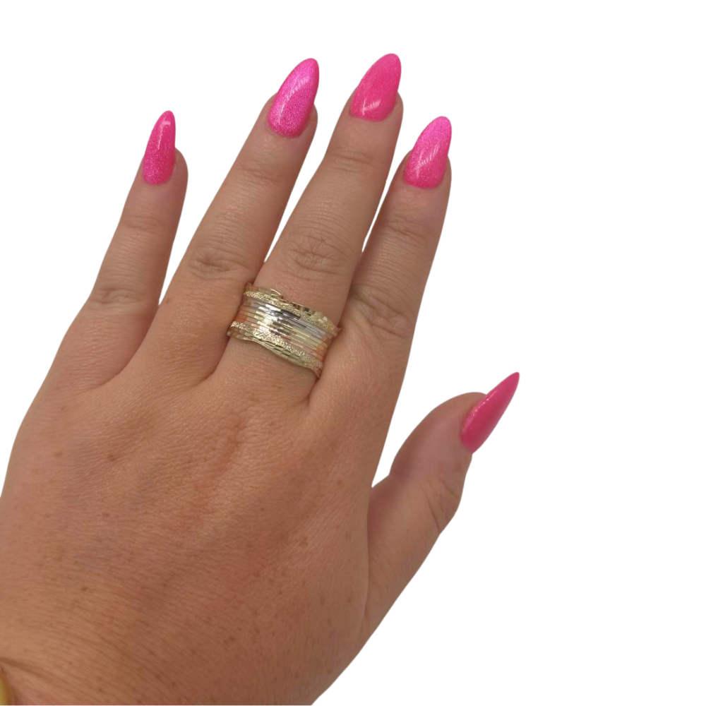 14k Gold Tricolor Textured Wide Wedding Ring