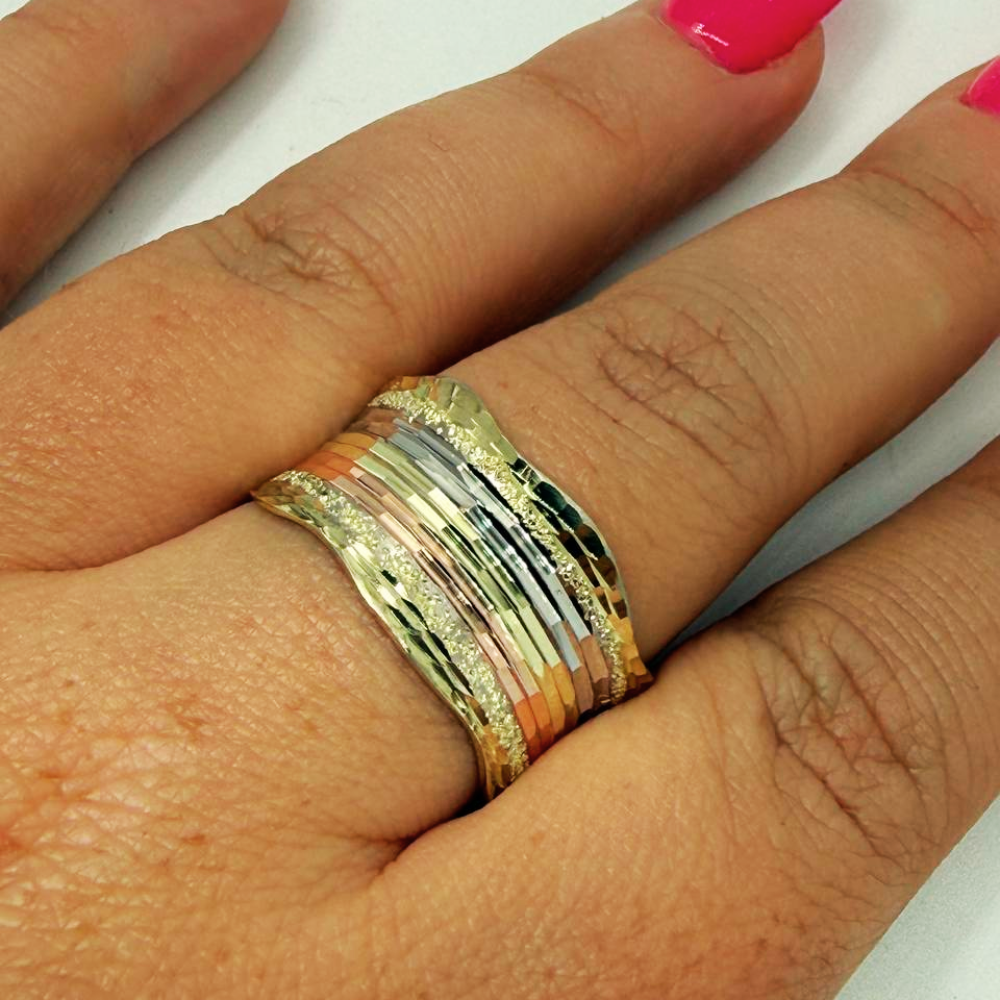 14k Gold Tricolor Textured Wide Wedding Ring