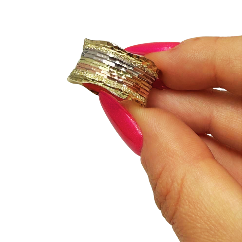 14k Gold Tricolor Textured Wide Wedding Ring