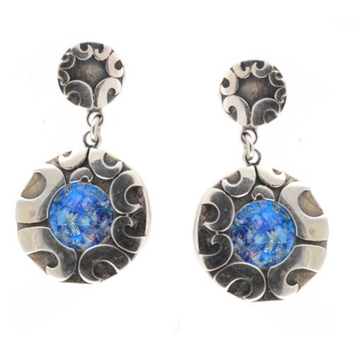 Silver Double Circle Roman Glass Earrings