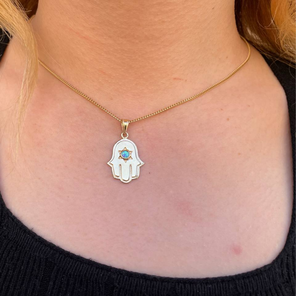 Hamsa and Star of David Pendant with Opal Stone - 14K Gold