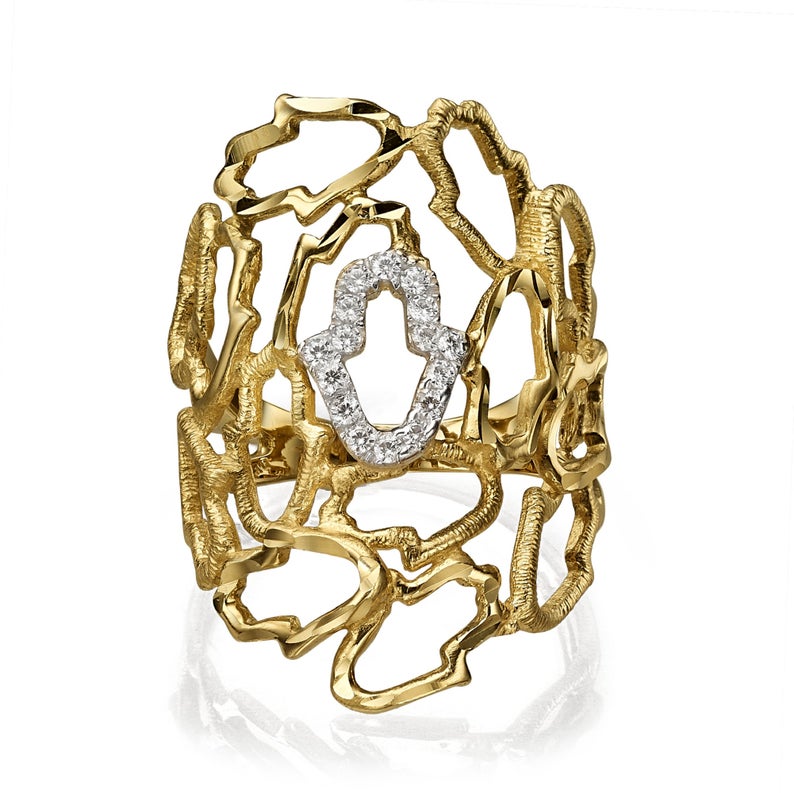 Diamond Studded Recurrent Hamsa Ring in 14K Gold