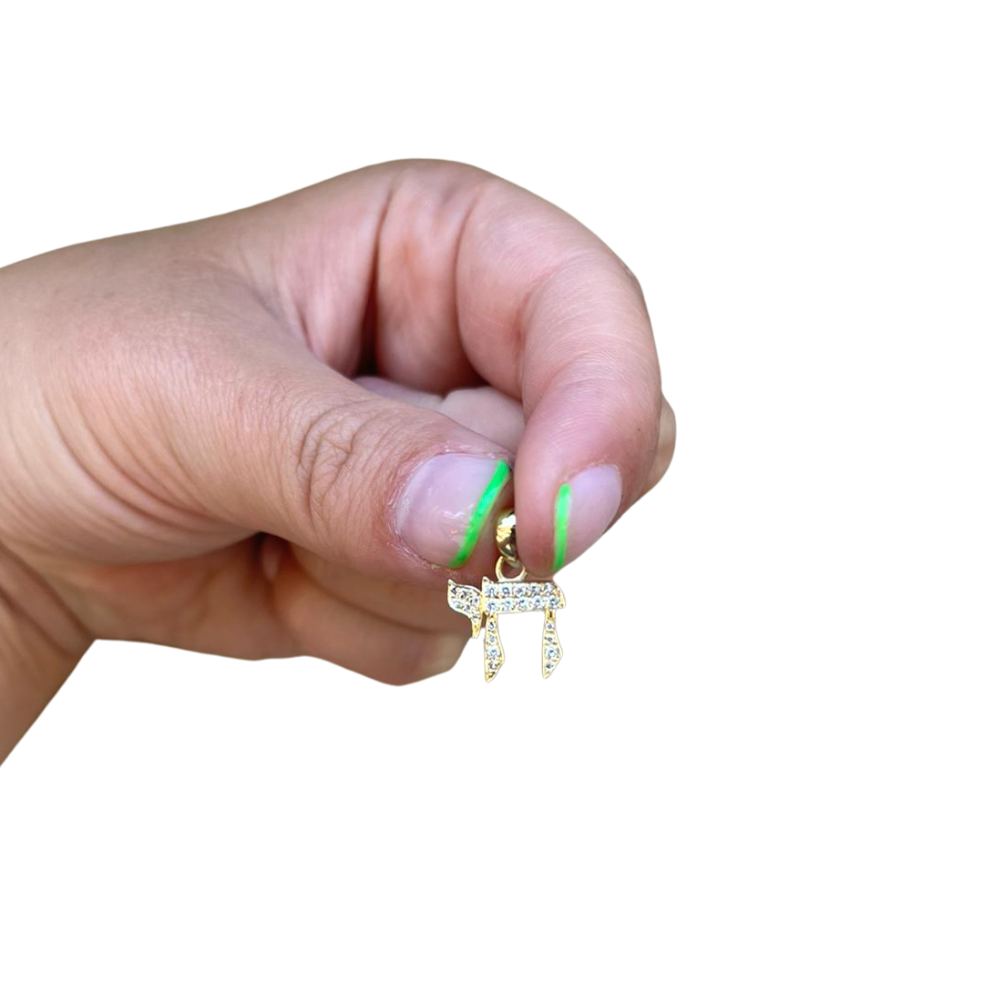 14K Gold Thick Diamond Chai Pendant