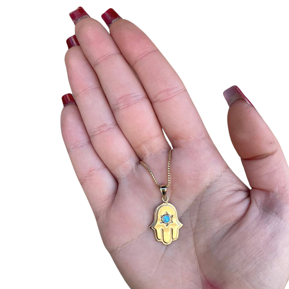 Hamsa and Star of David Pendant with Opal Stone - 14K Gold